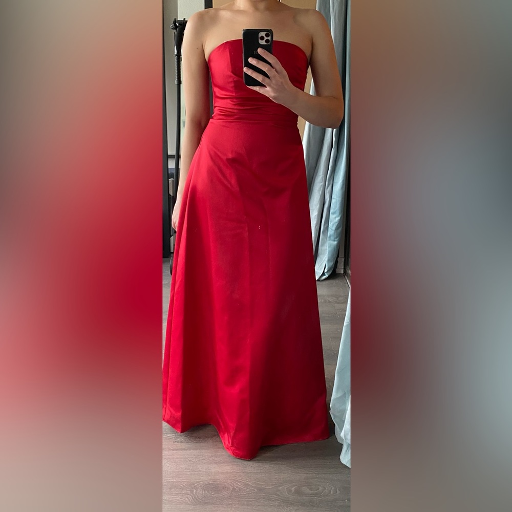 Red strapless evening gown